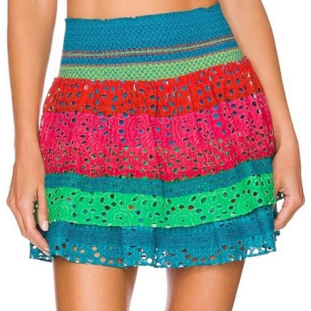 Alice + Olivia Bethie Smocked Tiered Mini Skirt In Cabo Stripe/Multi Sz 14